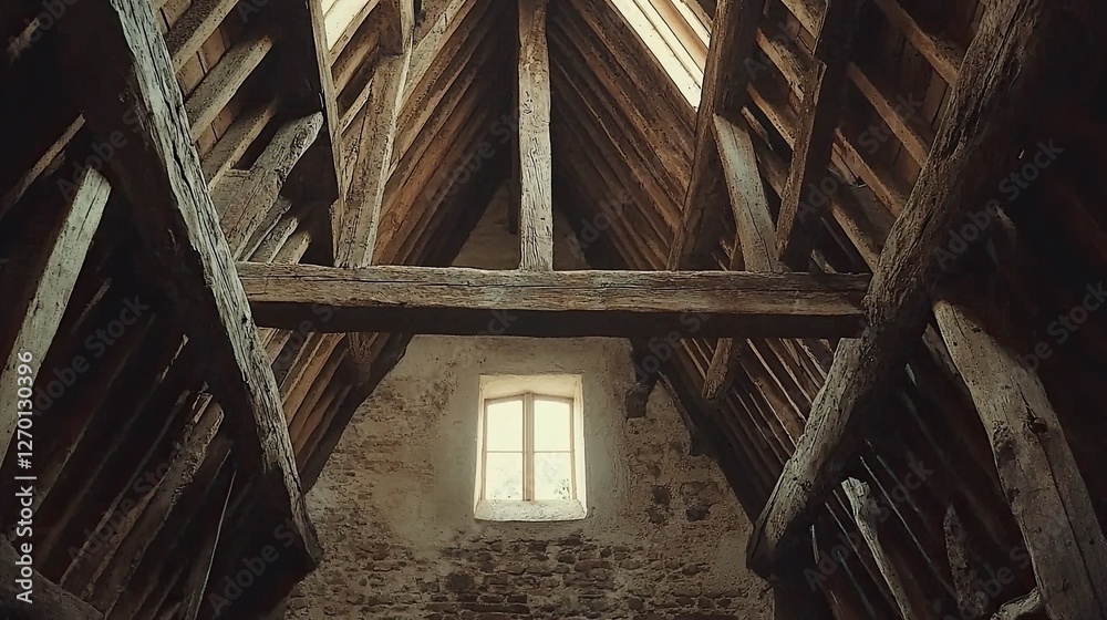 Fototapeta premium Interior view of an old rustic barn showcasing wooden beams and a window with natural light
