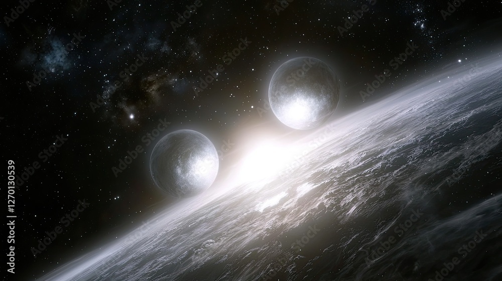 Obraz premium Two celestial bodies illuminating the horizon of a distant planet in a cosmic setting