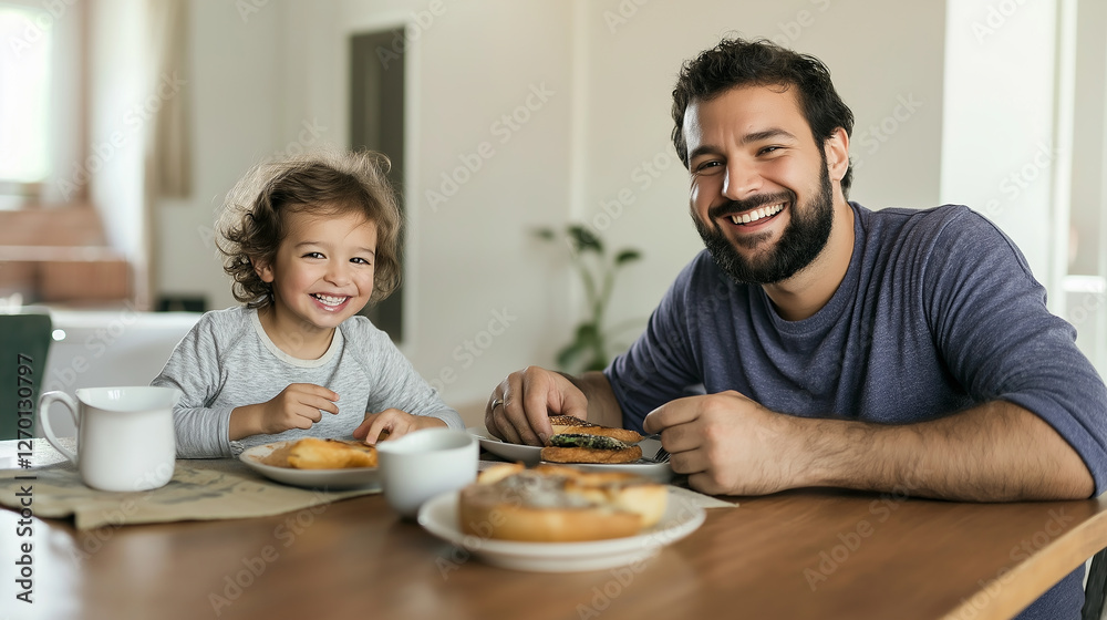Father and son smiling and eating breakfast at home Father and son smiling and eating breakfast at home