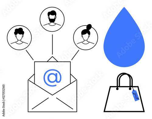 Email with symbol connecting three user personas, a blue water drop, and a shopping bag. Ideal for marketing, e-commerce, communication, branding, customer engagement, promotional content consumer