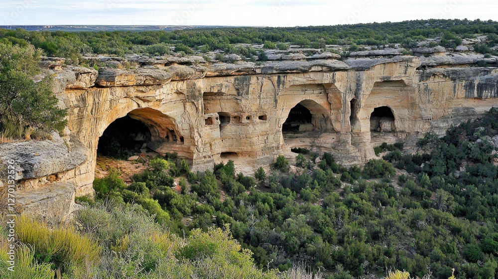 Fototapeta premium Stunning view of natural rock formations with caves surrounded by lush greenery under a clear sky