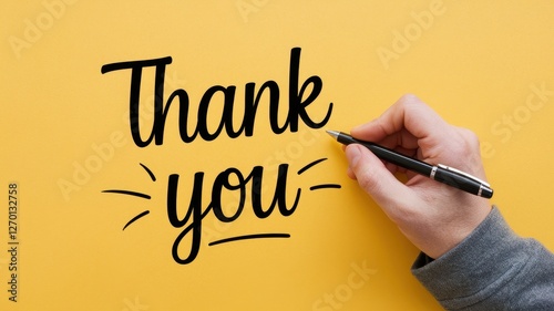 A hand holding a pen writing the phrase thank you