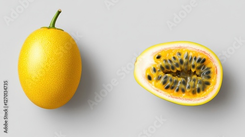 Whole and cut passion fruit revealing bright yellow pulp with black seeds, isolated on transparent background © Prakakrong