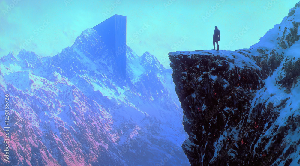 lone figure stands in a colorful mountain canyon. vibrant red and blue rock formations.
