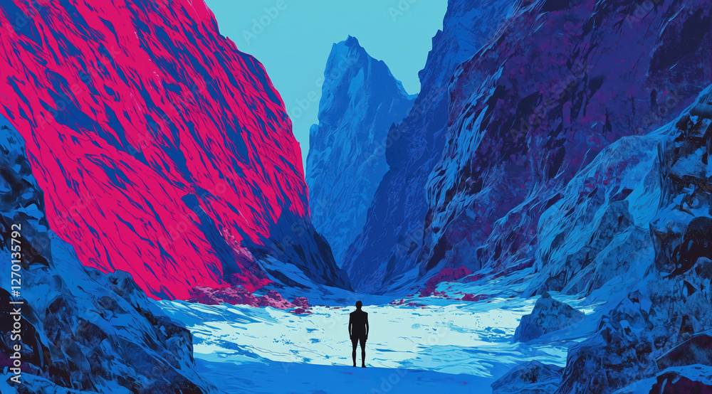 lone figure stands in a colorful mountain canyon. vibrant red and blue rock formations.