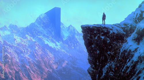 Obraz na płótnie lone figure stands in a colorful mountain canyon. vibrant red and blue rock formations. w salonie