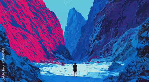 lone figure stands in a colorful mountain canyon. vibrant red and blue rock formations.