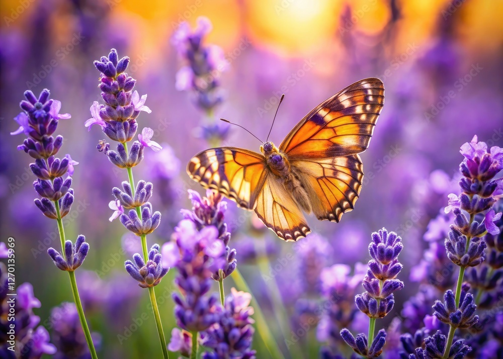 Soaring above, a drone reveals a breathtaking lavender field; a butterfly's delicate wings are in sharp focus. Soaring above, a drone reveals a breathtaking lavender field; a butterfly's delicate wings are in sharp focus.