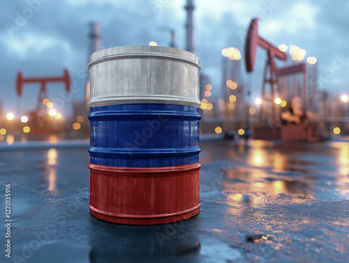 Oil barrel with flag of russia stands on the ground. With oil pumps and oil production in the background.