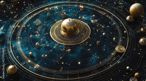 Ornate golden astrolabe displaying celestial bodies.