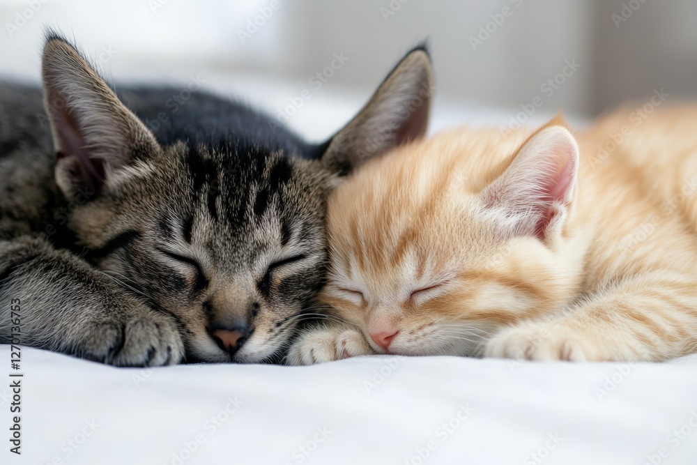 Adorable kitten and puppy sleeping together peacefully on white blanket Adorable kitten and puppy sleeping together peacefully on white blanket