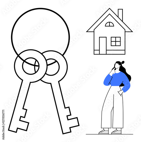 Woman in blue pondering near a house, two large overlapping keys. Ideal for real estate, home ownership, property investment, decision making, mortgage planning, home-buying process, abstract line