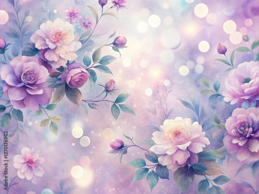 Fototapeta premium Soft bokeh and delicate floral accents grace this pale lilac watercolor wallpaper, perfect for a romantic aesthetic.