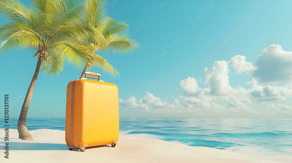 Fototapeta premium yellow suitcase on a beach travel concept.ai generative