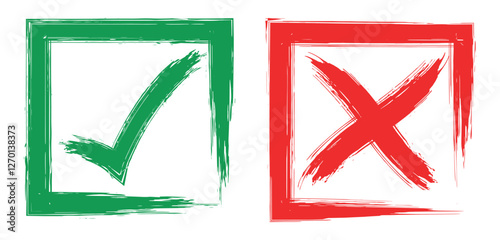 Grunge green check mark and red x sign design elements. Vector Hand Drawn Check Mark And Cross Mark In Grunge Style- stock vector Collection.