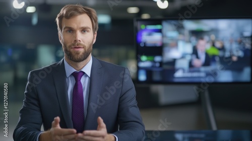 Wallpaper Mural Newsroom studio: anchor reporting, live news, green screen, presenter talks, current events, business update, economy report, science broadcast, politics coverage, professional television concept. Torontodigital.ca