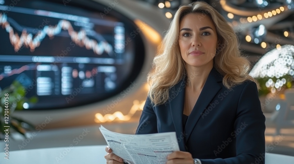 Fototapeta premium Newsroom studio: anchor reporting, live news, green screen, presenter talks, current events, business update, economy report, science broadcast, politics coverage, professional television concept.