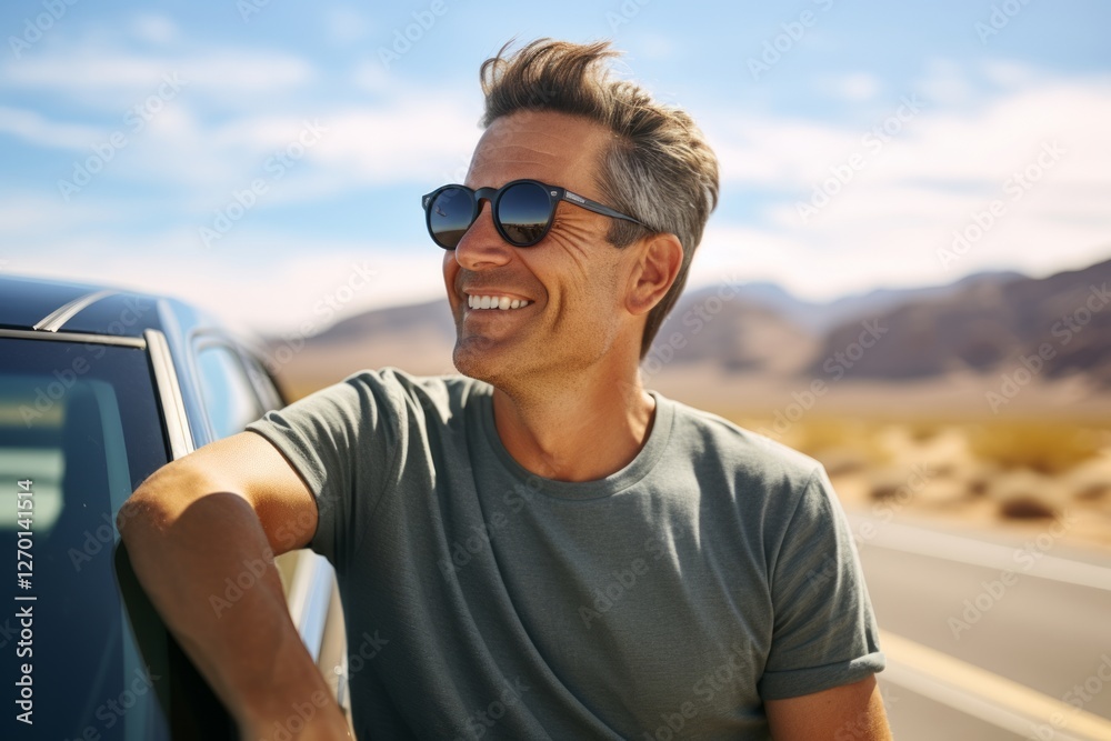Handsome middle-aged man in sunglasses standing near his car and smiling Handsome middle-aged man in sunglasses standing near his car and smiling