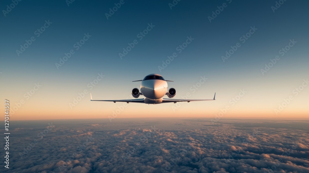 Luxury Private Jet Soaring Above Clouds at Sunset Luxury Private Jet Soaring Above Clouds at Sunset