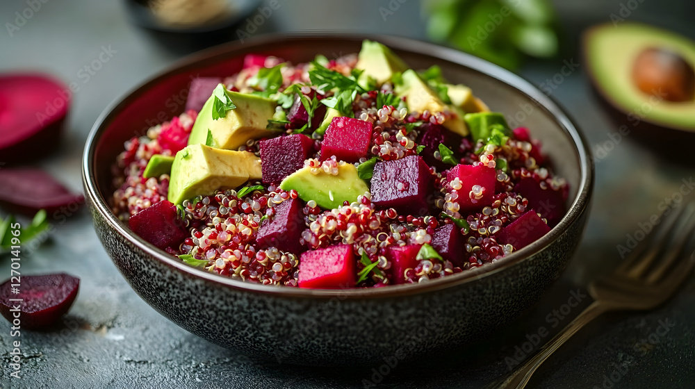 Healthy quinoa salad with beets and avocado served in a bowl Healthy quinoa salad with beets and avocado served in a bowl