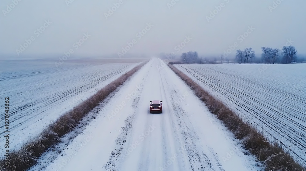 Solitary Drive Through a Snowy Winter Landscape Solitary Drive Through a Snowy Winter Landscape