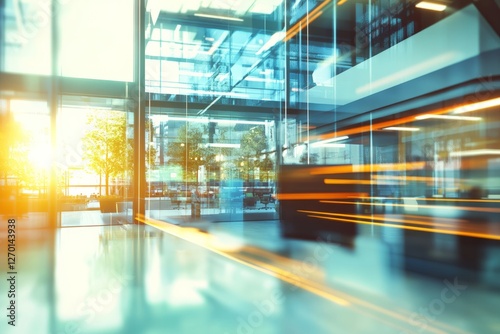 Blurred business office with workstations – Abstract background. Office environment highlighting productivity and collaboration in a modern workspace with a focus on teamwork and technology