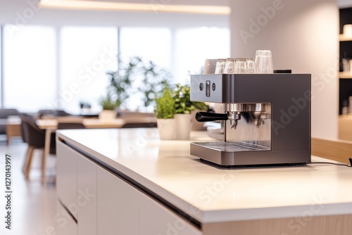 Blurred office kitchen with coffee machine – Corporate workspace background. Modern office environment promoting collaboration and productivity with minimalistic design and soft lighting