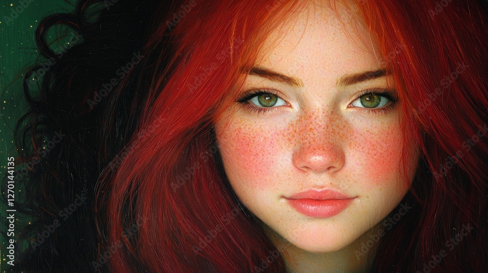Fototapeta premium Close up Portrait Redhead Girl Freckles Green Eyes Curly Hair Oil Painting Woman Ar