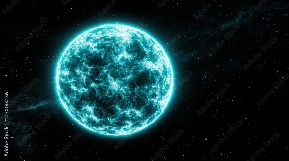 Obraz premium A glowing celestial body in deep space, showcasing vibrant blues and intricate textures against a dark backdrop.