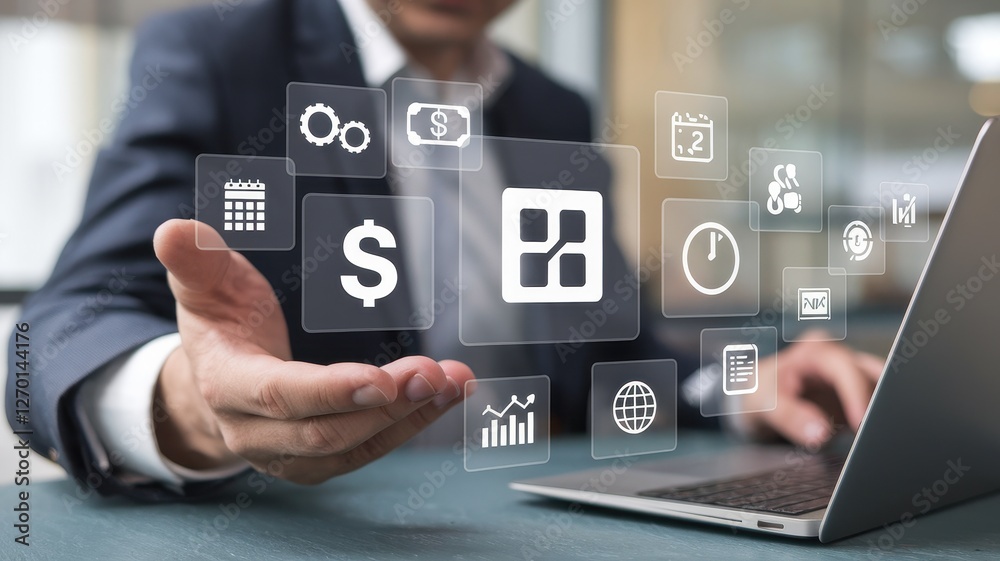 Fototapeta premium Businessman presenting digital icons related to business and finance