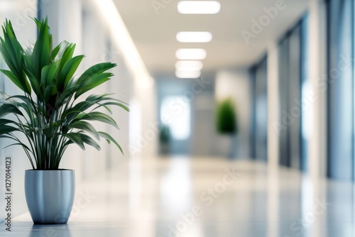 Blurred office hallway with decorative plants and modern design – Corporate space background