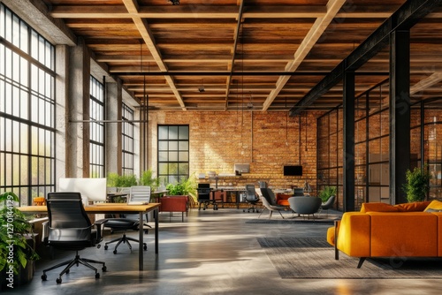 Blurred industrial-style office with open ceiling – Professional business background. Modern office environment showcasing collaboration and productivity with a focus on work processes and minimalism