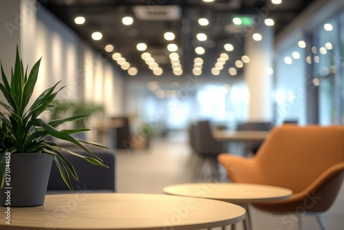 Blurred office lounge area with negotiation tables and chairs – Corporate business background. Modern office environment showcasing teamwork and productivity with a minimalist design and soft lighting