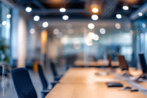 Blurred office workspace with desks and bright lighting. Creative work environment showcasing collaboration and productivity in a modern office setting with minimalist design