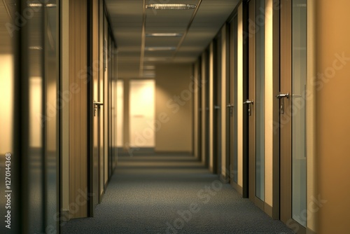 Blurred office with focus on doors and corridors – Modern corporate setting. Office corridor showcases modern design, workspaces, and a collaborative environment during the day