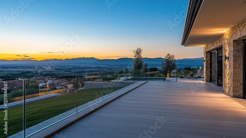 Modern hilltop Balcony With Glass Railings At Sunset and stunning views