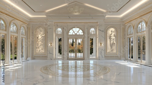 Luxurious sunroom with marble floors, classical statues, and large windows offering garden views.