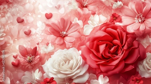 Floral arrangement with hearts background.