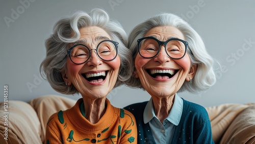 Two elderly women smiling joyfully in a colorful caricature style on a cozy sofa