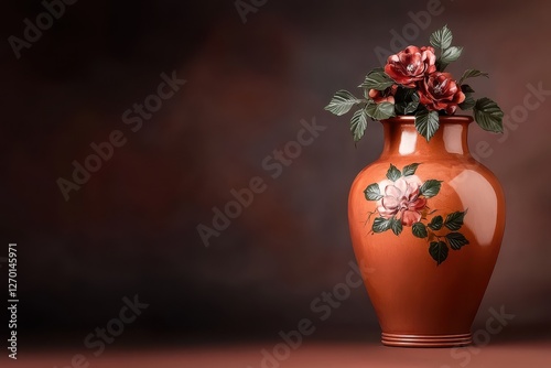 Wallpaper Mural Elegant Terracotta Vase with Hand-Painted Floral Design and Beautiful Rose Arrangement Torontodigital.ca