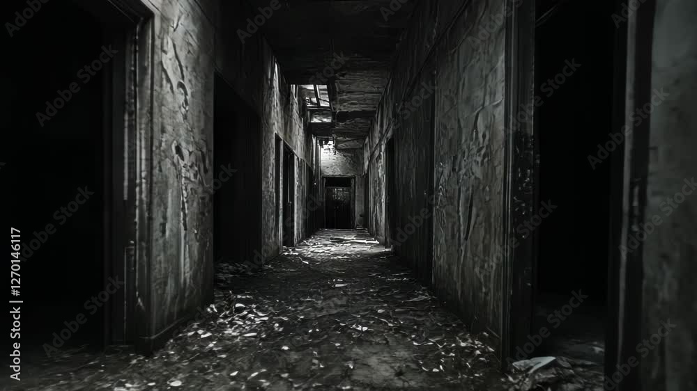 A dimly lit, abandoned corridor filled with debris and graffiti, evoking a sense of desolation. A dimly lit, abandoned corridor filled with debris and graffiti, evoking a sense of desolation.
