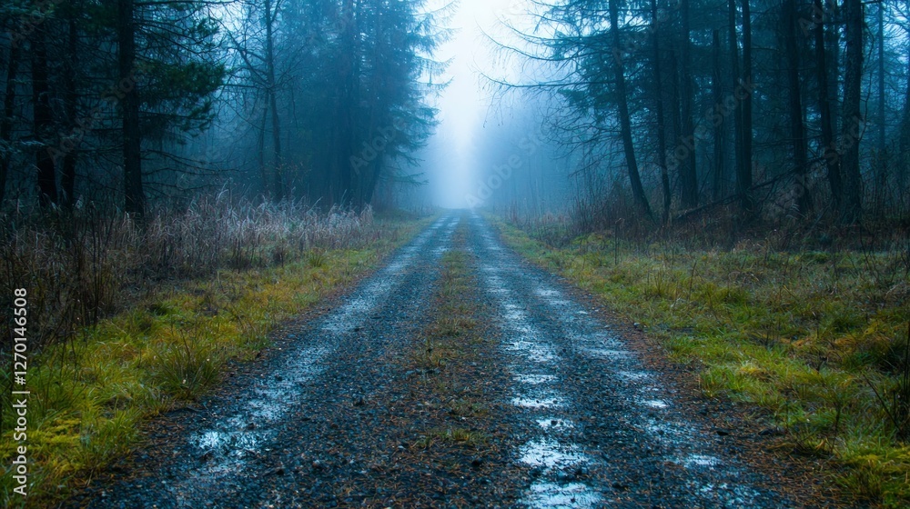 Obraz premium Mysterious Foggy Forest Path Eerie Halloween Road Dark Trees Moody Nature
