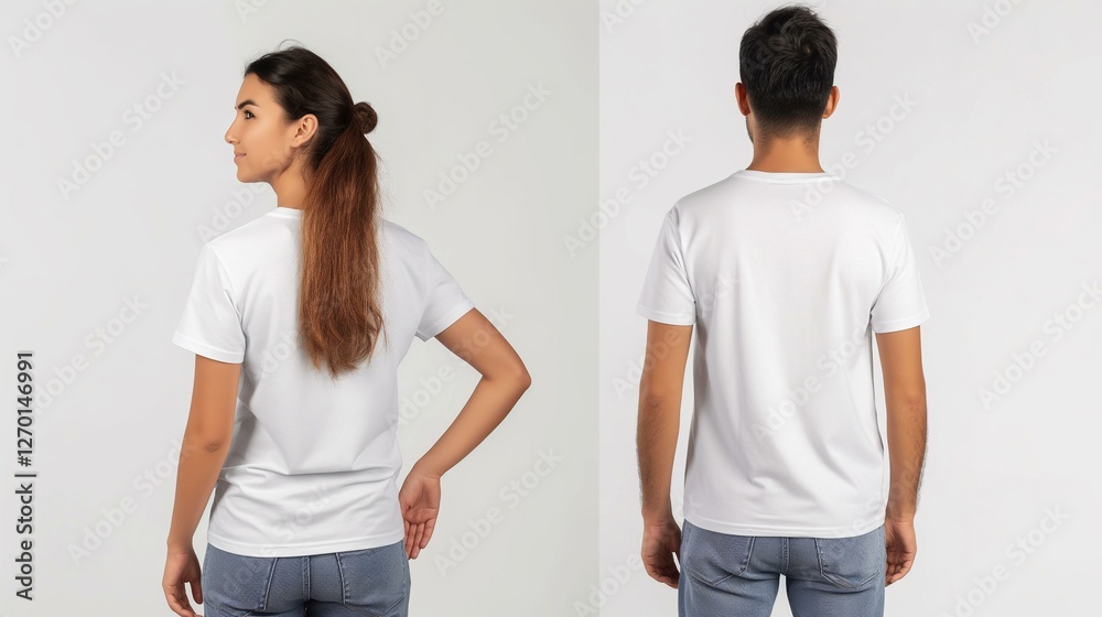 Front and Back View of a Plain White Unisex TShirt Modelled by a Man and a Woman Front and Back View of a Plain White Unisex TShirt Modelled by a Man and a Woman