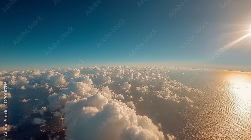 Fototapeta premium Aerial View Serene Ocean Cumulus Clouds Golden Sunset Tranquil Sky