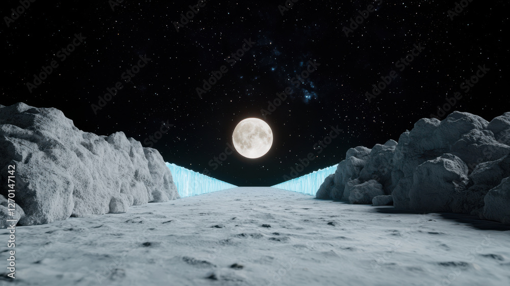 Naklejka premium Snow Moon Concept, celestial bridge of glowing ice under full moon in starry sky