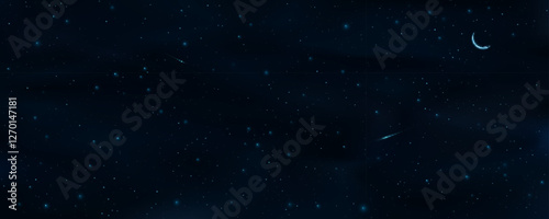 Glowing starry sky with a falling asteroid and bright moon. Shining stars in the dark sky. Universe background. Vector illustration. EPS 10