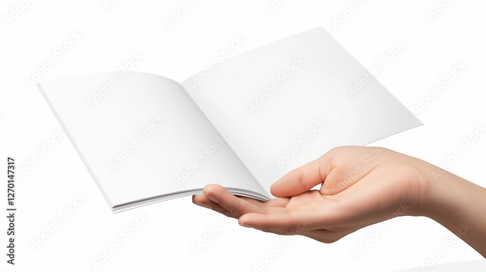 Hand holding a small blank white booklet open to show the pages Hand holding a small blank white booklet open to show the pages