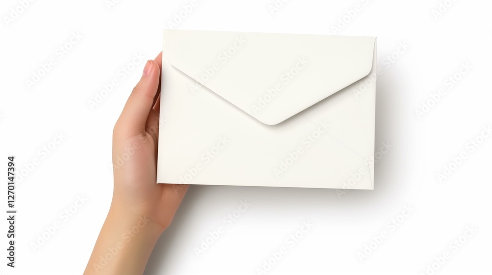 Fototapeta premium A Hand Holding a Blank White Envelope on a White Background A Simple Image for Correspondence Concepts