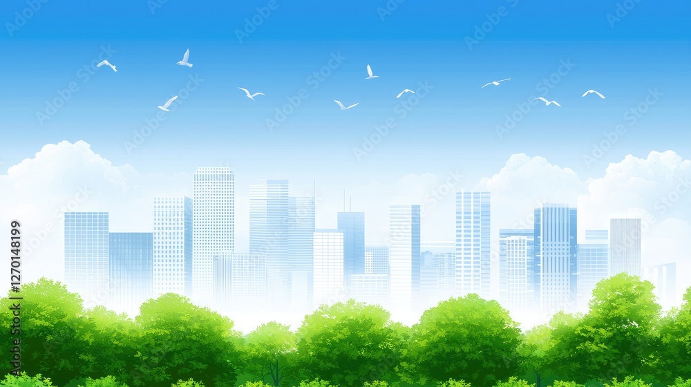Fototapeta premium Serene city skyline with lush greenery in the foreground and clear blue sky above