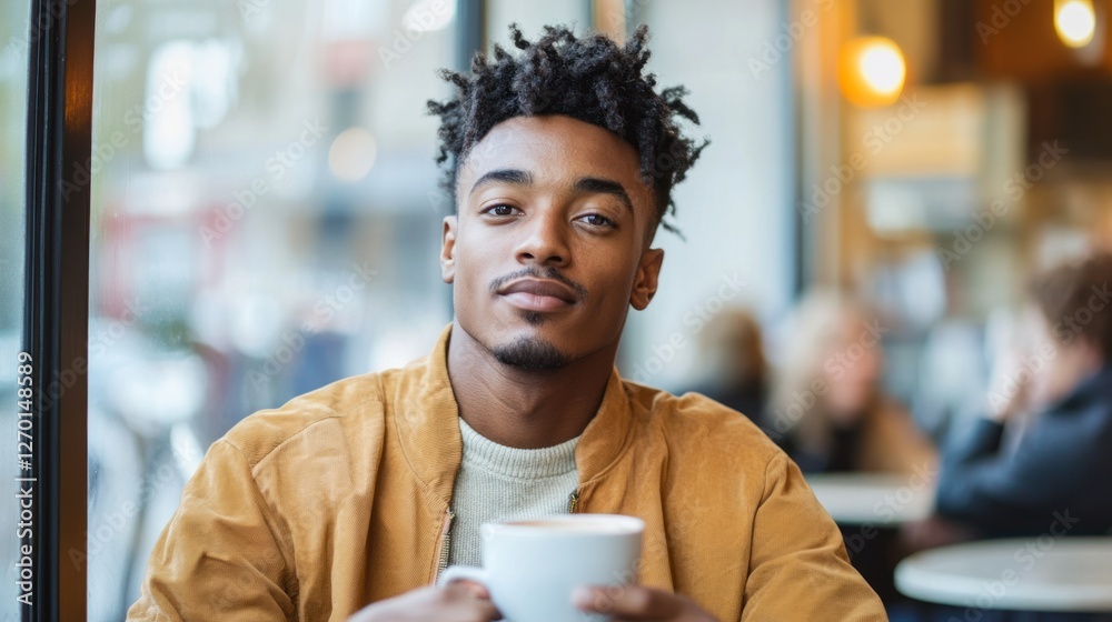 Relaxed Young Man Enjoying Coffee at a Cafe Relaxed Young Man Enjoying Coffee at a Cafe